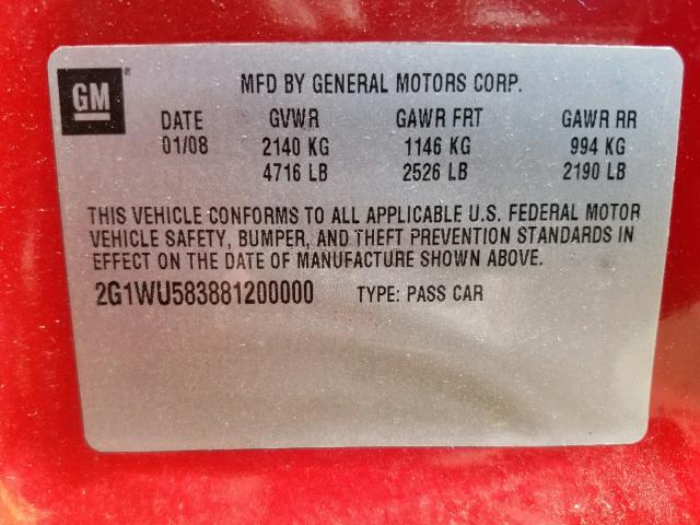 2G1WU583881200000 - 2008 CHEVROLET IMPALA LTZ RED photo 10