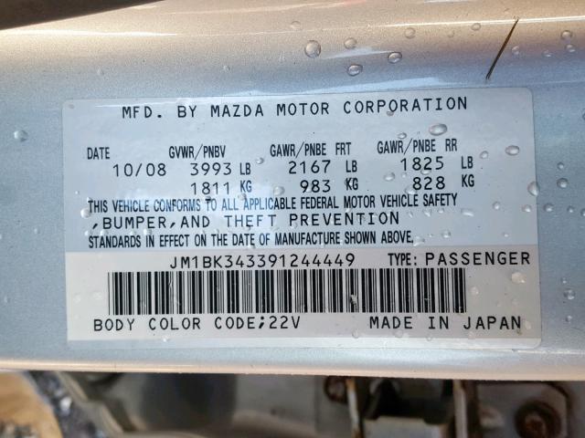 JM1BK343391244449 - 2009 MAZDA 3 S SILVER photo 10