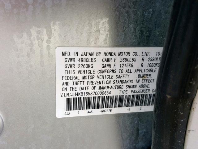 JH4KB16587C000654 - 2007 ACURA RL SILVER photo 10