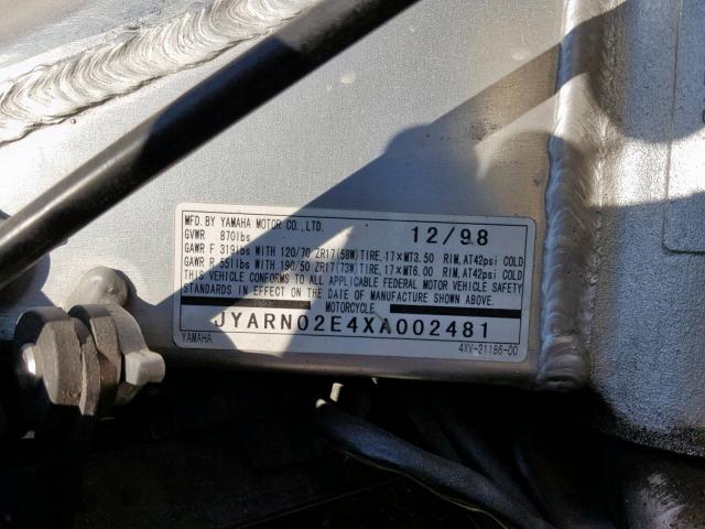 JYARN02E4XA002481 - 1999 YAMAHA YZFR1 SILVER photo 10