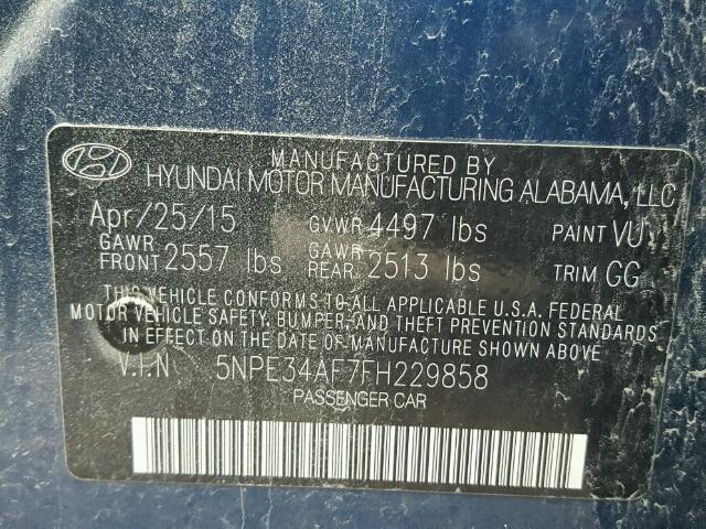 5NPE34AF7FH229858 - 2015 HYUNDAI SONATA SPO BLUE photo 10