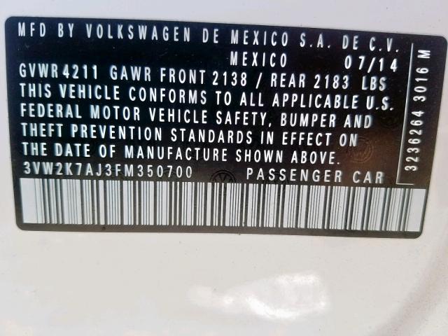 3VW2K7AJ3FM350700 - 2015 VOLKSWAGEN JETTA BASE WHITE photo 10