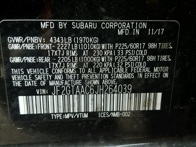 JF2GTAAC6JH264039 - 2018 SUBARU CROSSTREK BLACK photo 10