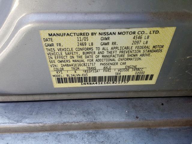 1N4BA41E16C821757 - 2006 NISSAN MAXIMA SE SILVER photo 10