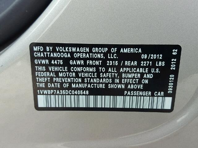 1VWBP7A35DC040548 - 2013 VOLKSWAGEN PASSAT SE GRAY photo 10