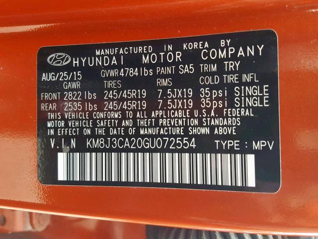 KM8J3CA20GU072554 - 2016 HYUNDAI TUCSON LIM ORANGE photo 10