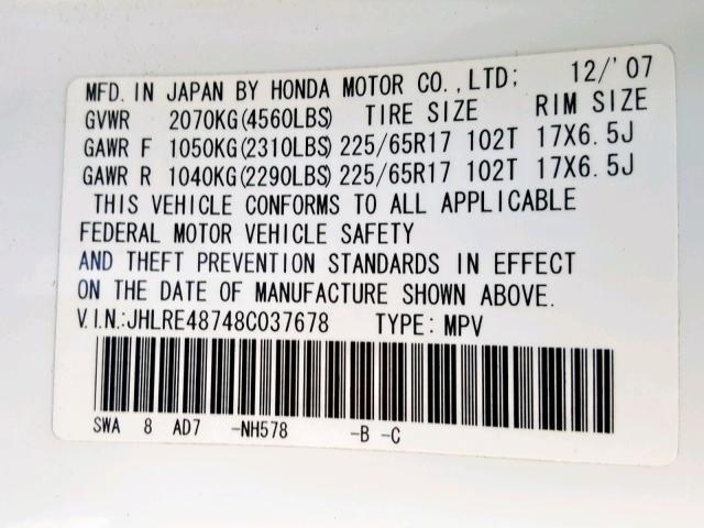 JHLRE48748C037678 - 2008 HONDA CR-V EXL WHITE photo 10