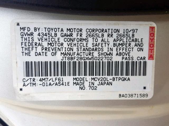 JT8BF28GXW5022702 - 1998 LEXUS ES 300 GOLD photo 10