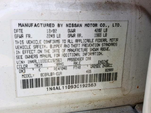 1N4AL11D93C192563 - 2003 NISSAN ALTIMA BAS WHITE photo 10