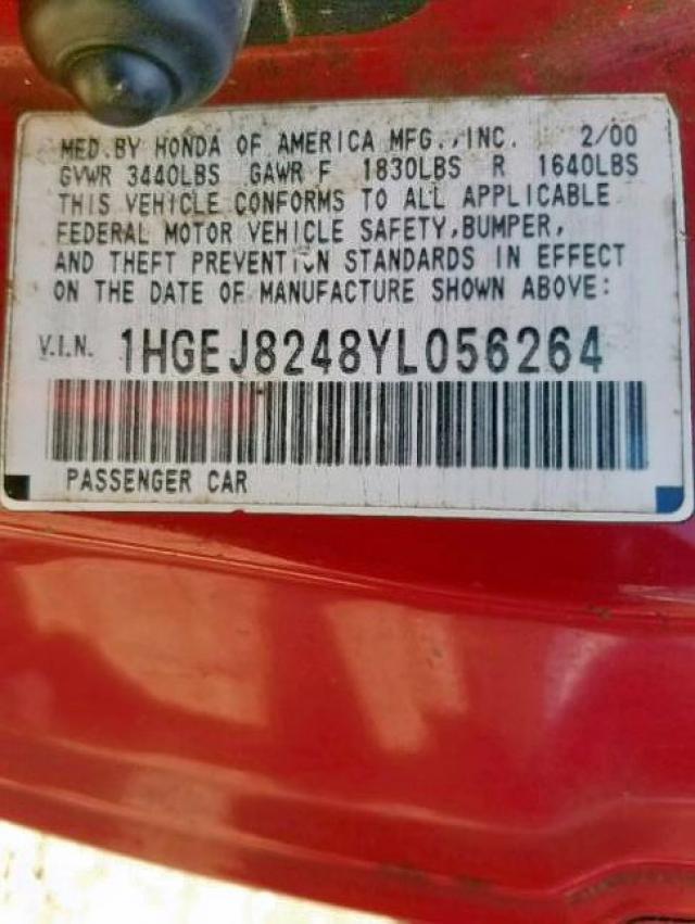 1HGEJ8248YL056264 - 2000 HONDA CIVIC EX RED photo 10