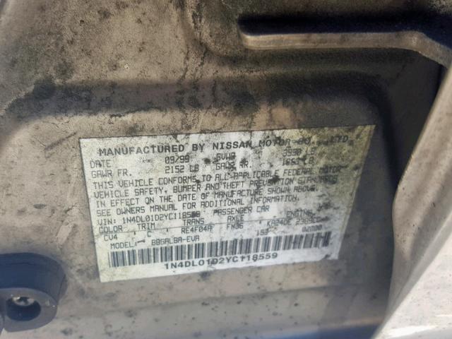 1N4DL01D2YC118559 - 2000 NISSAN ALTIMA XE TAN photo 10