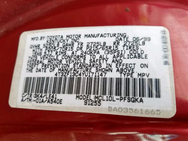 4T3ZF13C4YU171147 - 2000 TOYOTA SIENNA LE RED photo 10