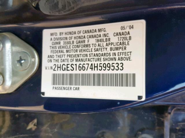 2HGES16674H599533 - 2004 HONDA CIVIC LX BLUE photo 10