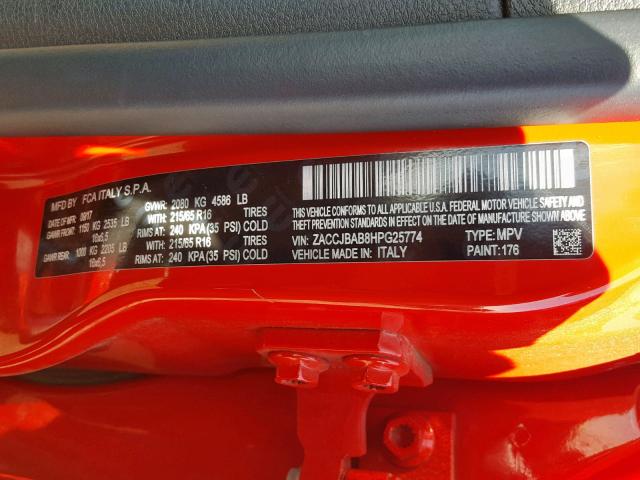 ZACCJBAB8HPG25774 - 2017 JEEP RENEGADE S RED photo 10