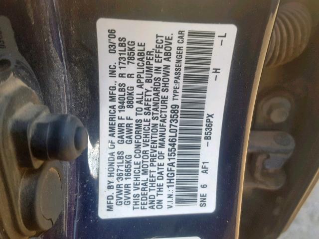 1HGFA15546L073589 - 2006 HONDA CIVIC LX BLUE photo 10