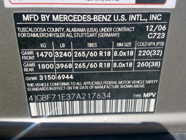 4JGBF71E37A217634 - 2007 MERCEDES-BENZ GL 450 4MA SILVER photo 10