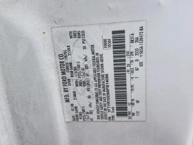 1FTYR10D68PB14086 - 2008 FORD RANGER WHITE photo 10