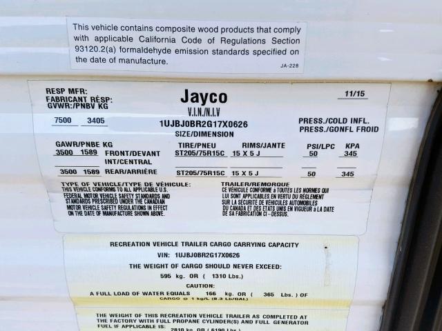 1UJBJ0BR2G17X0626 - 2016 JAYCO JAYFLIGHT  WHITE photo 10