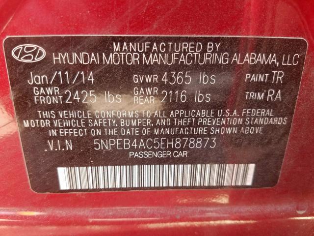 5NPEB4AC5EH878873 - 2014 HYUNDAI SONATA GLS RED photo 10