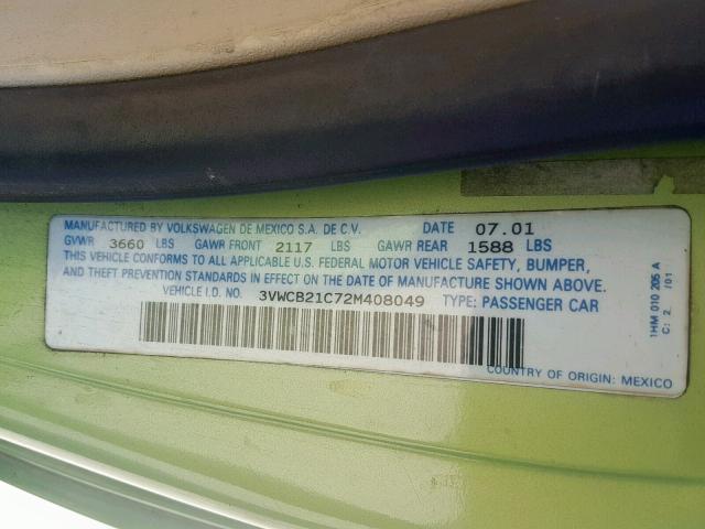 3VWCB21C72M408049 - 2002 VOLKSWAGEN NEW BEETLE Yaşıl foto 10