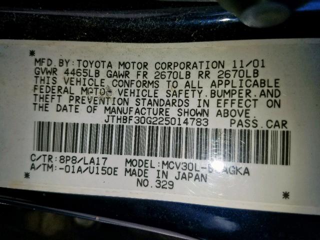 JTHBF30G225014783 - 2002 LEXUS ES 300 BLUE photo 10