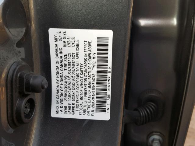 2HKRM4H51EH714748 - 2014 HONDA CR-V EX GRAY photo 10