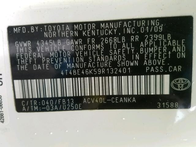4T4BE46K59R132401 - 2009 TOYOTA CAMRY BASE WHITE photo 10