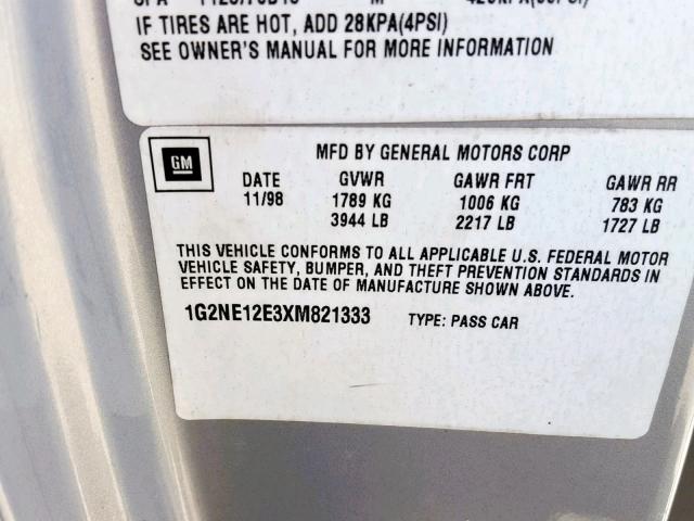 1G2NE12E3XM821333 - 1999 PONTIAC GRAND AM S SILVER photo 10