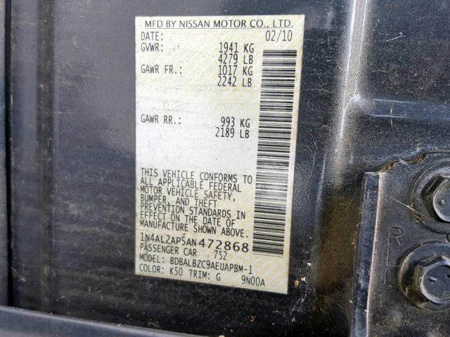 1N4AL2AP5AN472868 - 2010 NISSAN ALTIMA BAS GRAY photo 10