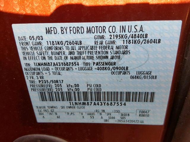 1LNHM87A43Y687554 - 2003 LINCOLN LS 勃艮第红 照片 10