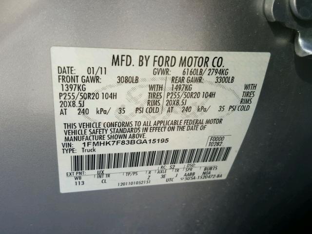 1FMHK7F83BGA15195 - 2011 FORD EXPLORER L GRAY photo 10