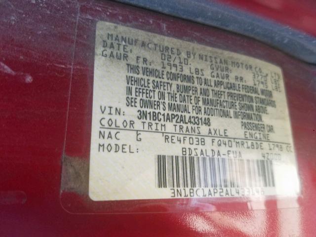 3N1BC1AP2AL433148 - 2010 NISSAN VERSA S RED photo 10