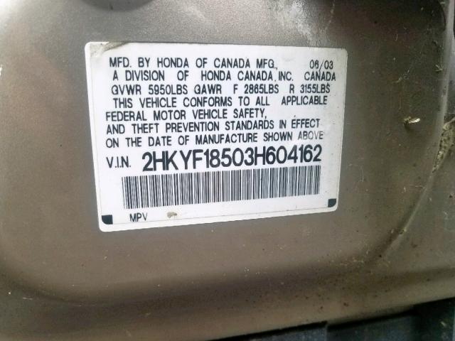 2HKYF18503H604162 - 2003 HONDA PILOT EXL GOLD photo 10