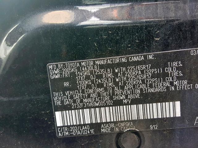 2T3ZF31V69W005102 - 2009 TOYOTA RAV4 LIMIT BLACK photo 10