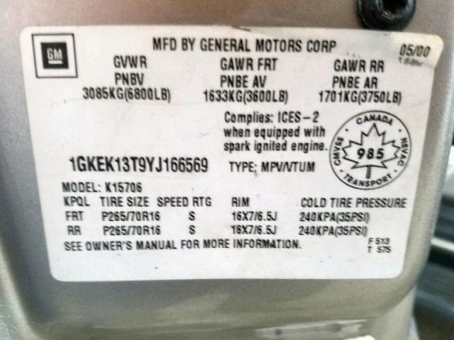 1GKEK13T9YJ166569 - 2000 GMC YUKON TAN photo 10