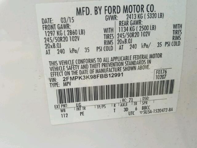 2FMPK3K98FBB12991 - 2015 FORD EDGE TITAN WHITE photo 10