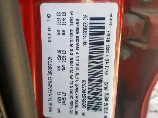 2B3HD56G14H673729 - 2004 DODGE INTREPID E RED photo 10