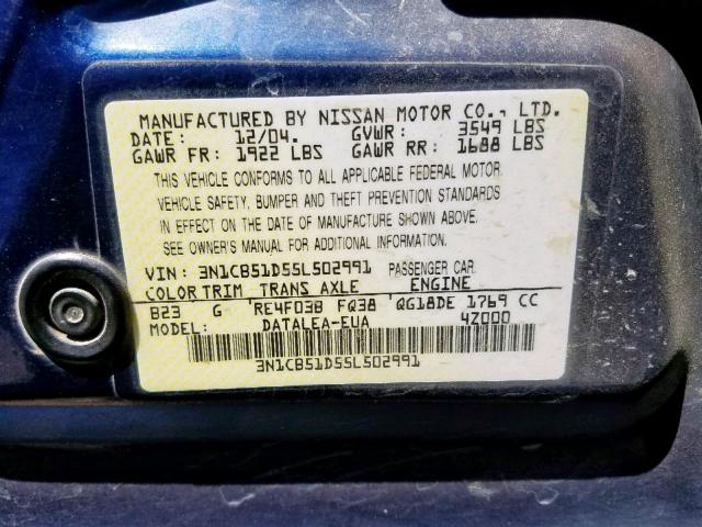 3N1CB51D55L502991 - 2005 NISSAN SENTRA 1.8 BLUE photo 10