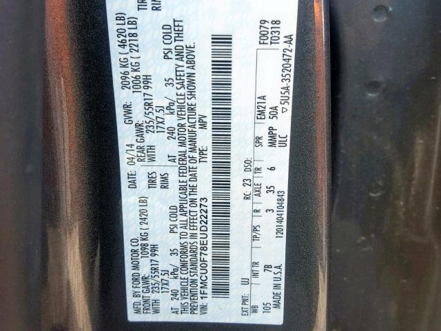 1FMCU0F78EUD22273 - 2014 FORD ESCAPE S GRAY photo 10