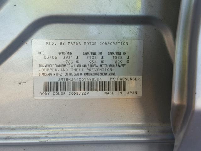 JM1BK344X61498504 - 2006 MAZDA 3 HATCHBAC SILVER photo 10