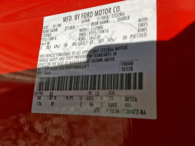 1FTZR15E68PA66241 - 2008 FORD RANGER SUP RED photo 10