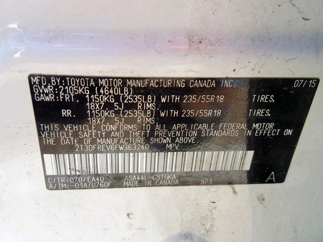 2T3DFREV6FW363240 - 2015 TOYOTA RAV4 LIMIT WHITE photo 10