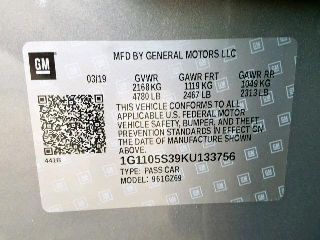 1G1105S39KU133756 - 2019 CHEVROLET IMPALA PRE GRAY photo 10