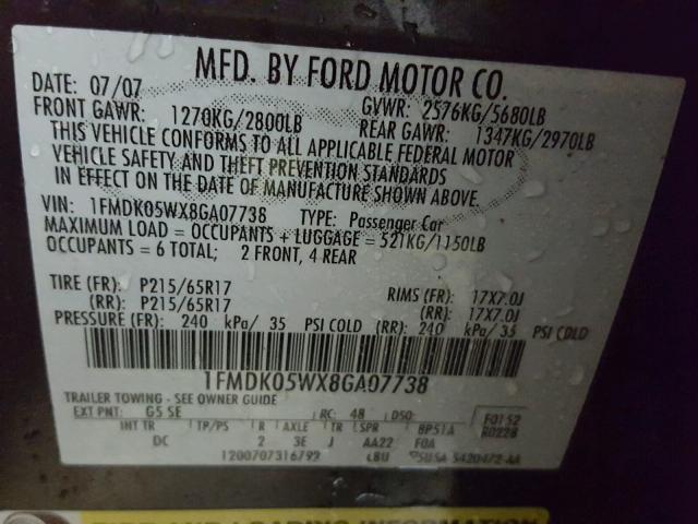 1FMDK05WX8GA07738 - 2008 FORD TAURUS X S GRAY photo 10