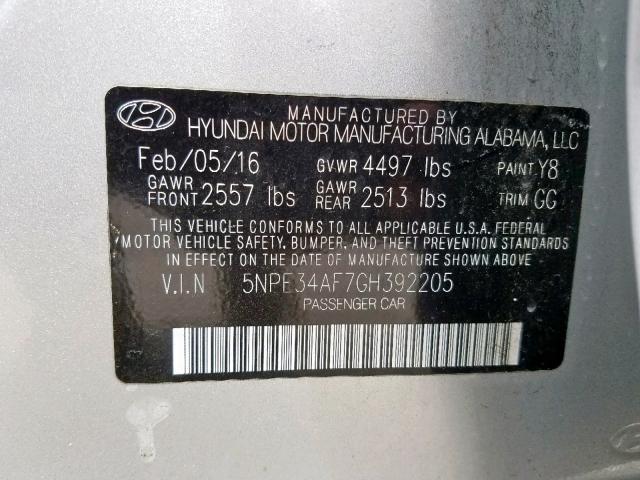 5NPE34AF7GH392205 - 2016 HYUNDAI SONATA SPO SILVER photo 10