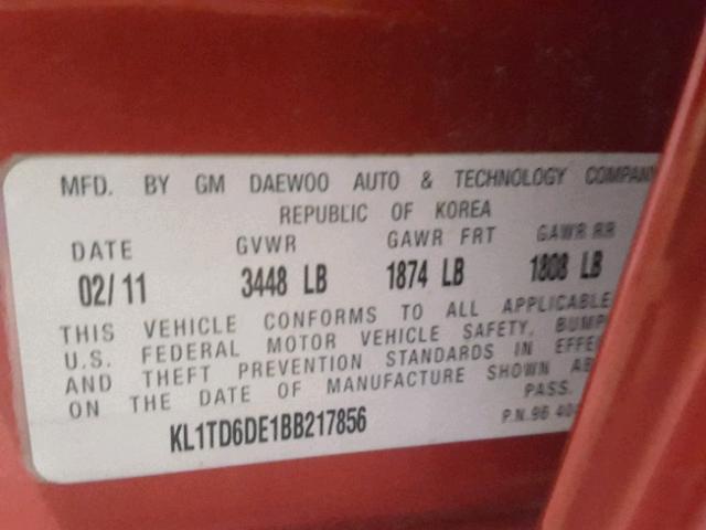 KL1TD6DE1BB217856 - 2011 CHEVROLET AVEO LS BURGUNDY photo 10