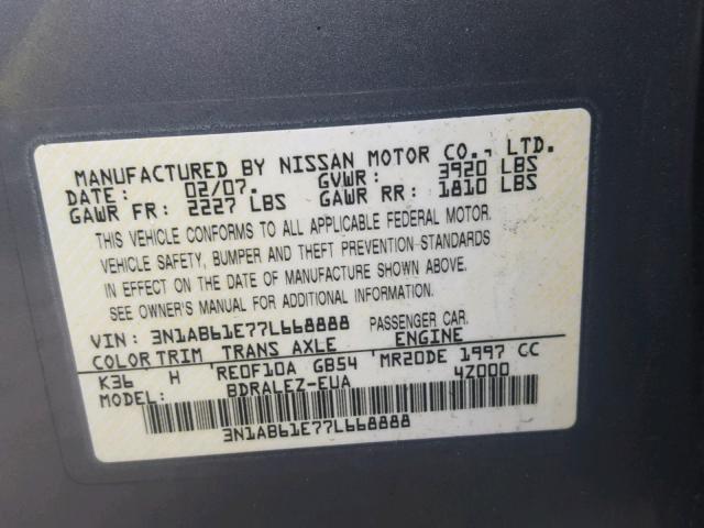 3N1AB61E77L668888 - 2007 NISSAN SENTRA 2.0 SILVER photo 10