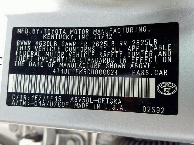 4T1BF1FK5CU088624 - 2012 TOYOTA CAMRY BASE SILVER photo 10
