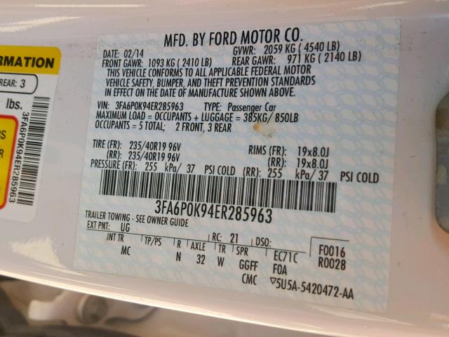 3FA6P0K94ER285963 - 2014 FORD FUSION TIT WHITE photo 10