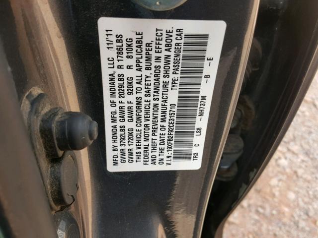 19XFB2F92CE315710 - 2012 HONDA CIVIC EXL GRAY photo 10